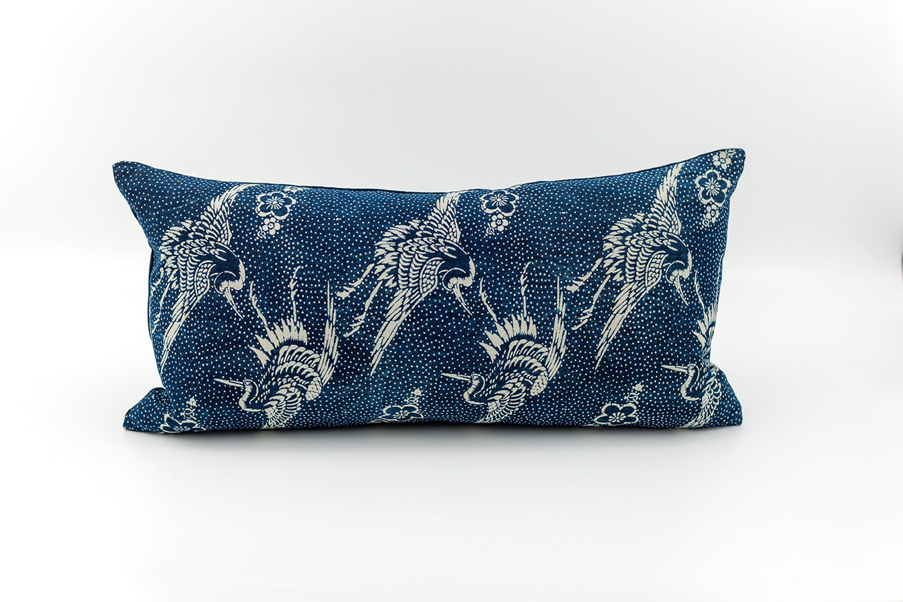 Antique Japanese Katazome Crane Indigo Pillow