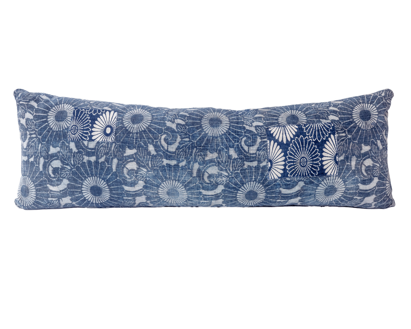 Antique Japanese Indigo Katazome Floral Patched Long Pillow