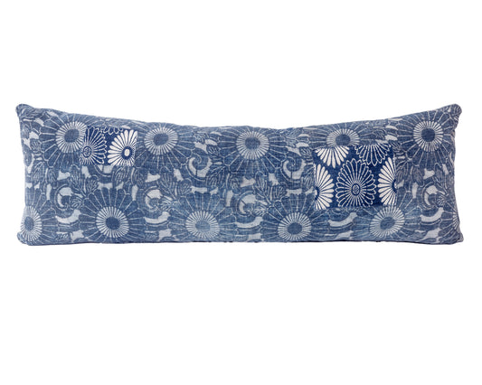 Antique Japanese Indigo Katazome Floral Patched Long Pillow