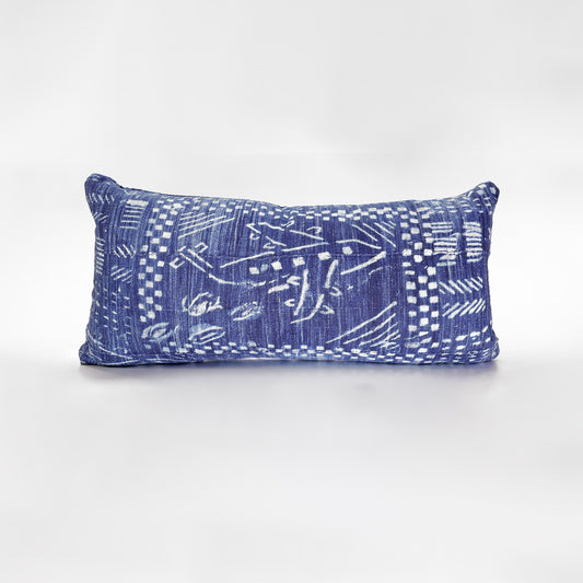 Vintage African Dogon Indigo Resist Dyed Mudcloth Cotton Lumbar Pillow with Airplane