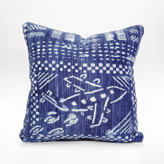 Vintage African Dogon Mali Indigo Resist Dyed Mudcloth Cotton Square Pillow with Airplane