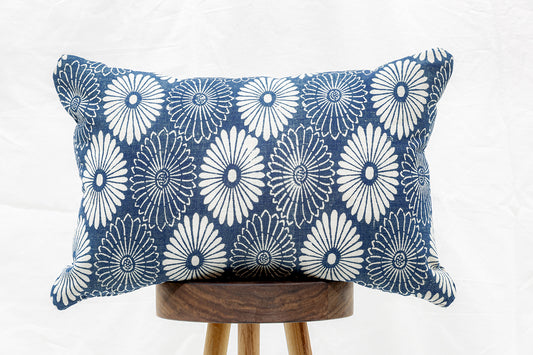 Vintage Japanese Indigo Dyed Floral Mum Katazome Lumbar Pillow